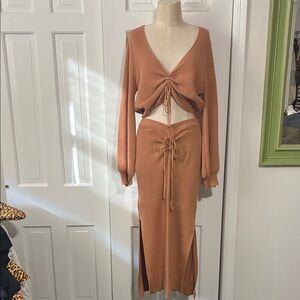 Anthropologie - Flat White  - Elegant Tan Knit Skirt Set